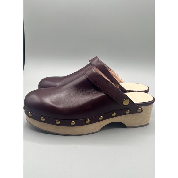 J. Crew Size 7 Convertible Leather Studded Embellished Wood Sole Clogs Shoe Wine - Picture 3 of 9